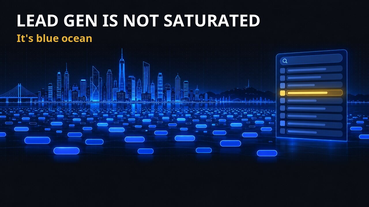 A big city skyline with a sea of glowing keywords and one open slot on a page of search results