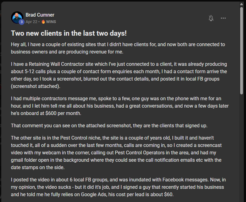 Brad Cumner post: two new clients in two days. A retaining wall site already producing 5 to 12 calls a month was rented to a contractor at 600 dollars a month, and a pest control site he built and never touched was rented the same way