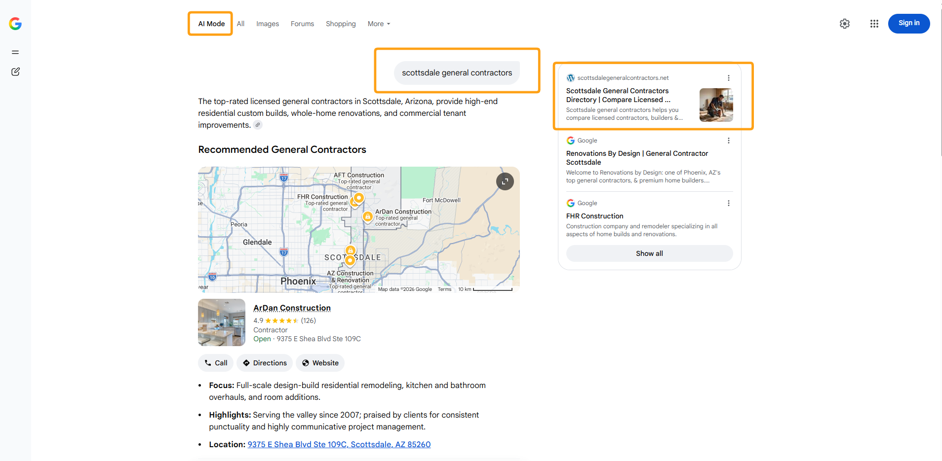 Google AI Mode for scottsdale general contractors: a lead gen site sits at the top of the sources panel, above two Google Business Profile listings