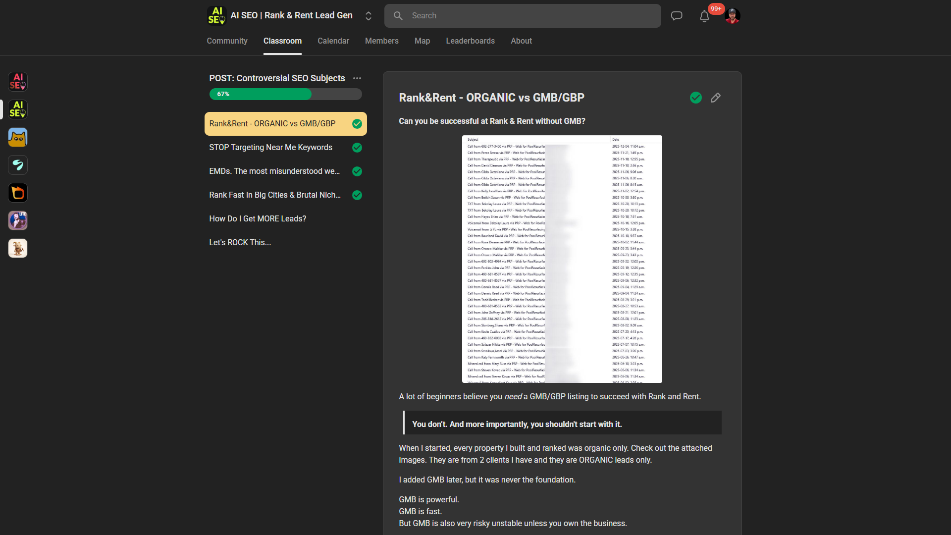 The Rank and Rent organic versus GMB lesson inside the classroom, showing a long call log of organic-only leads from two clients