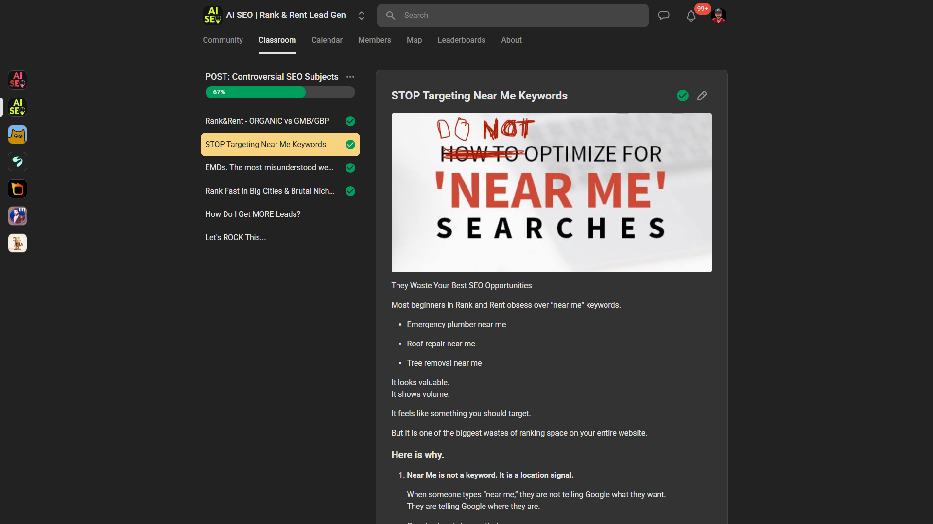 The STOP Targeting Near Me Keywords lesson inside the classroom, explaining that near me is a location signal rather than a keyword