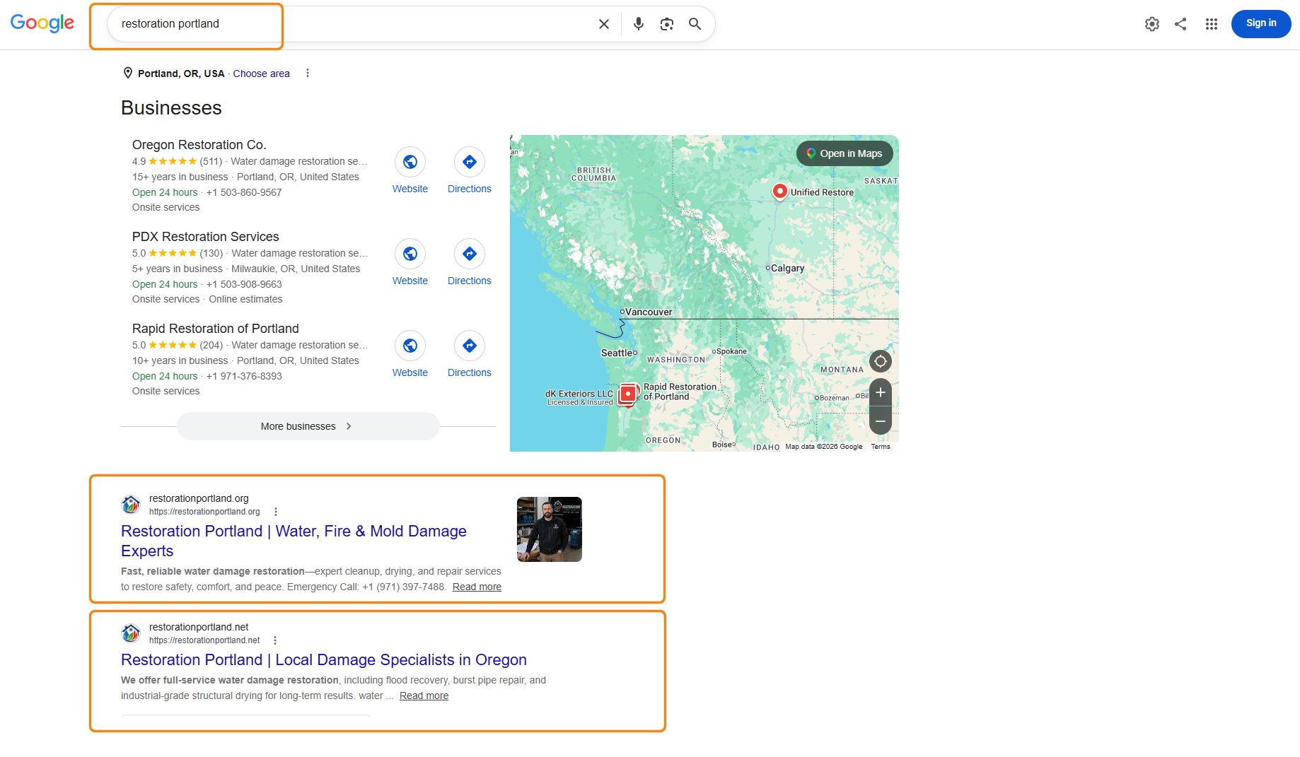 Google results for restoration portland showing the same brand ranking at number one and number two on two different top level domains