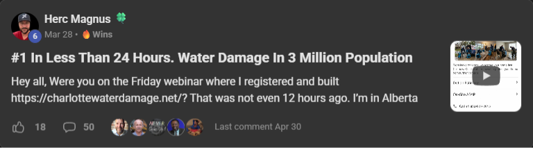 Herc Magnus post: number 1 in less than 24 hours for water damage in a 3 million population market, built live on a Friday webinar