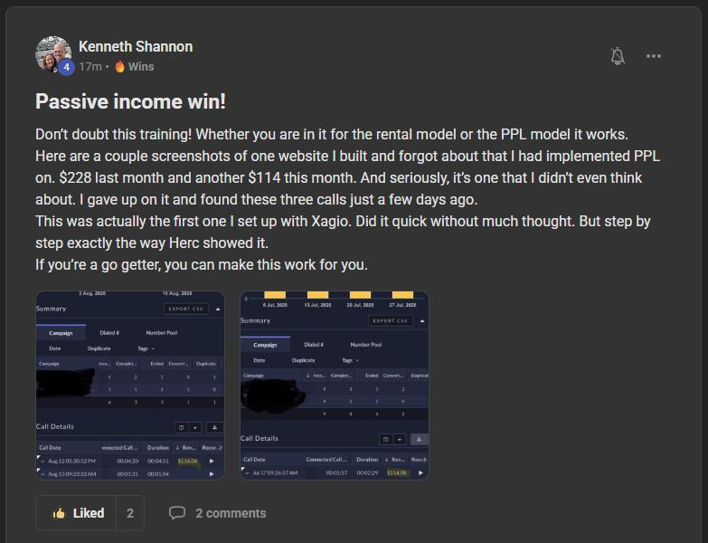Kenneth Shannon post: three calls earned 228 dollars and 114 dollars on a site he set up and forgot about