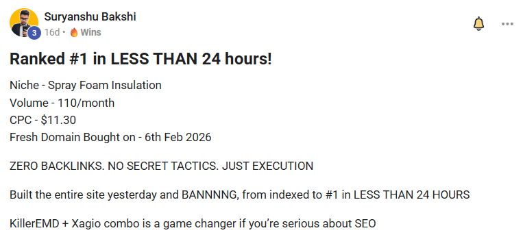 Suryanshu Bakshi: ranked number 1 in less than 24 hours on a fresh domain with zero backlinks