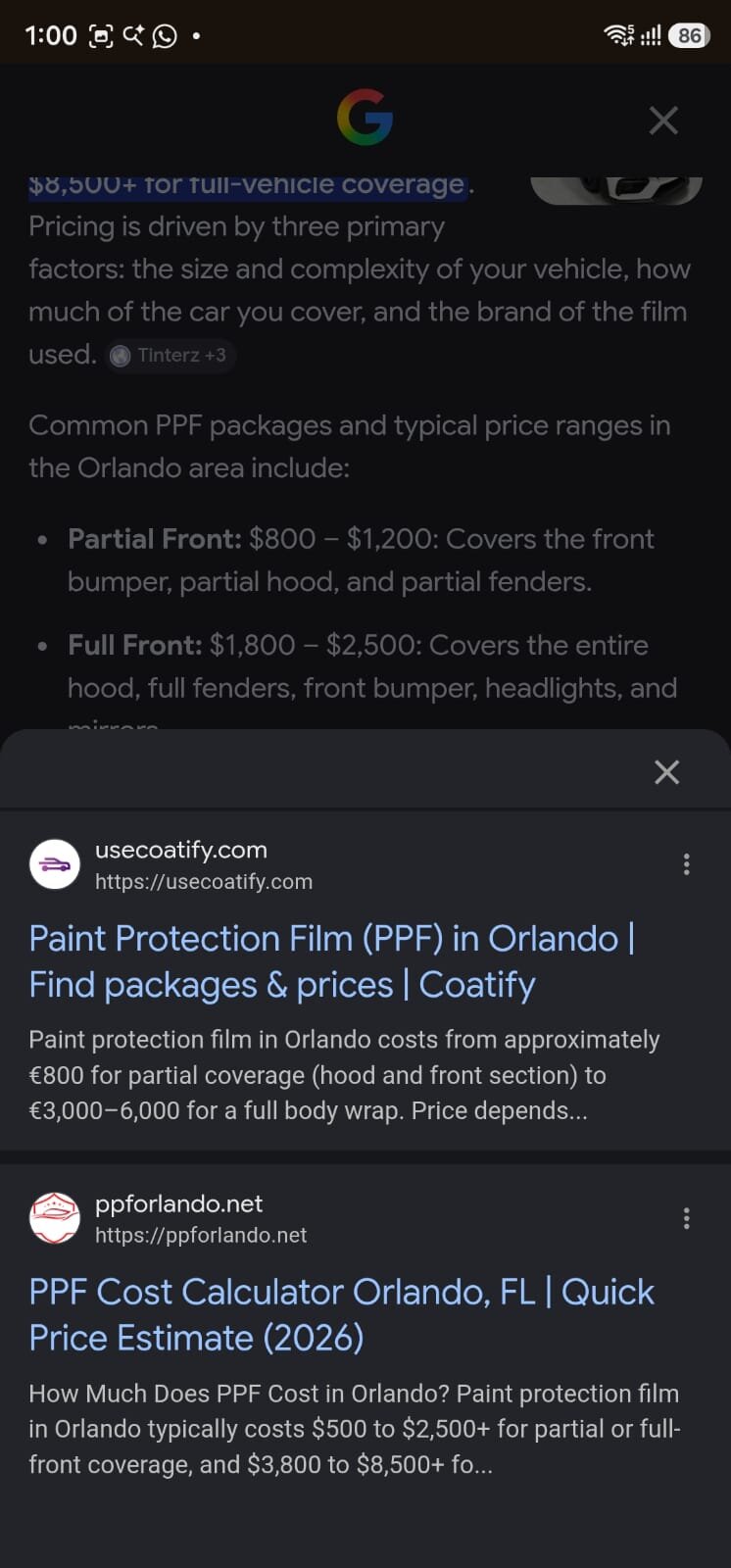 Google's AI Overview answering a paint protection film pricing search in Orlando, with our sites in the citation list.