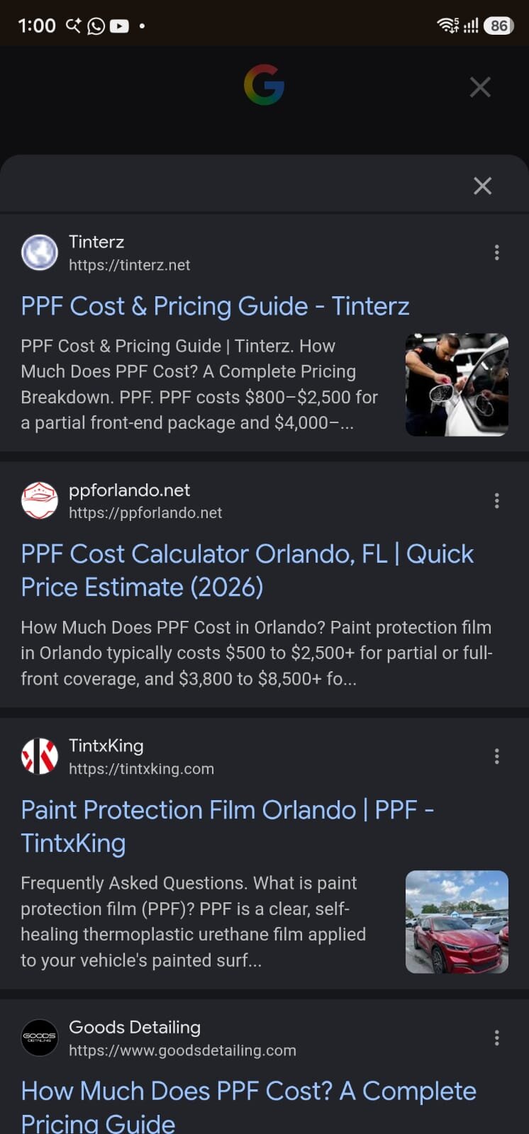 Same niche, another PPF cost query: the AI Overview's citation list, multiple sources deep.