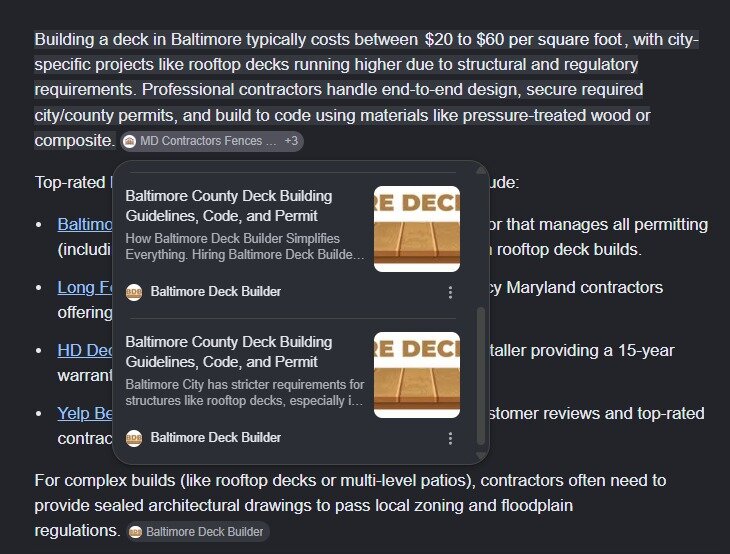 Deck building in Baltimore: "Baltimore Deck Builder" cited multiple times inside one AI Overview answer.