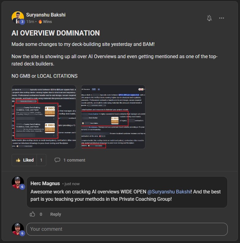 Suryanshu Bakshi, our Head of SEO, posting his deck site's AI Overview citations in the community. No GMB, no local citations. The page did it alone.
