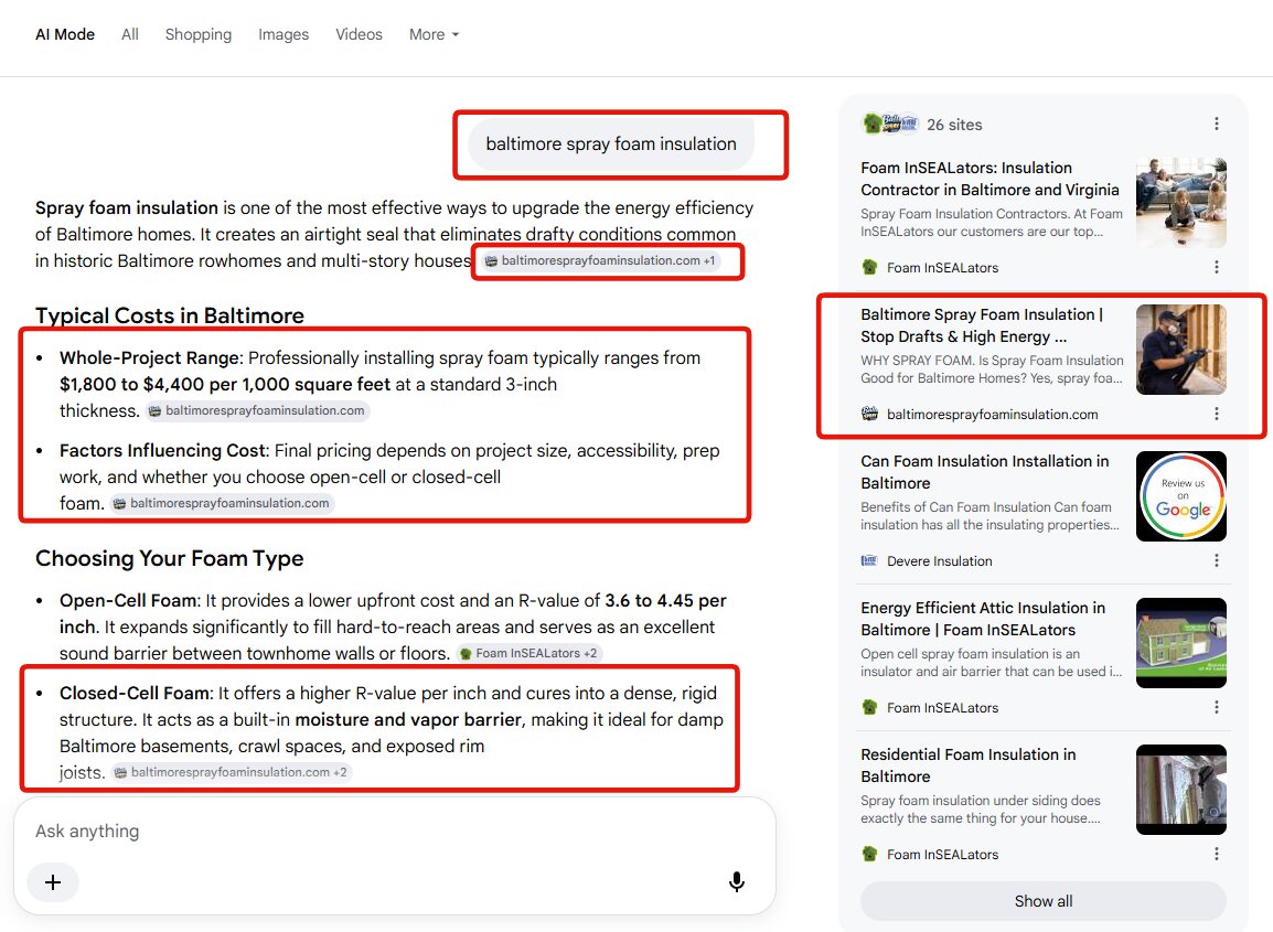 Spray foam insulation in Baltimore: baltimoresprayfoaminsulation.com cited in the main AI Mode answer and again in the sources sidebar.